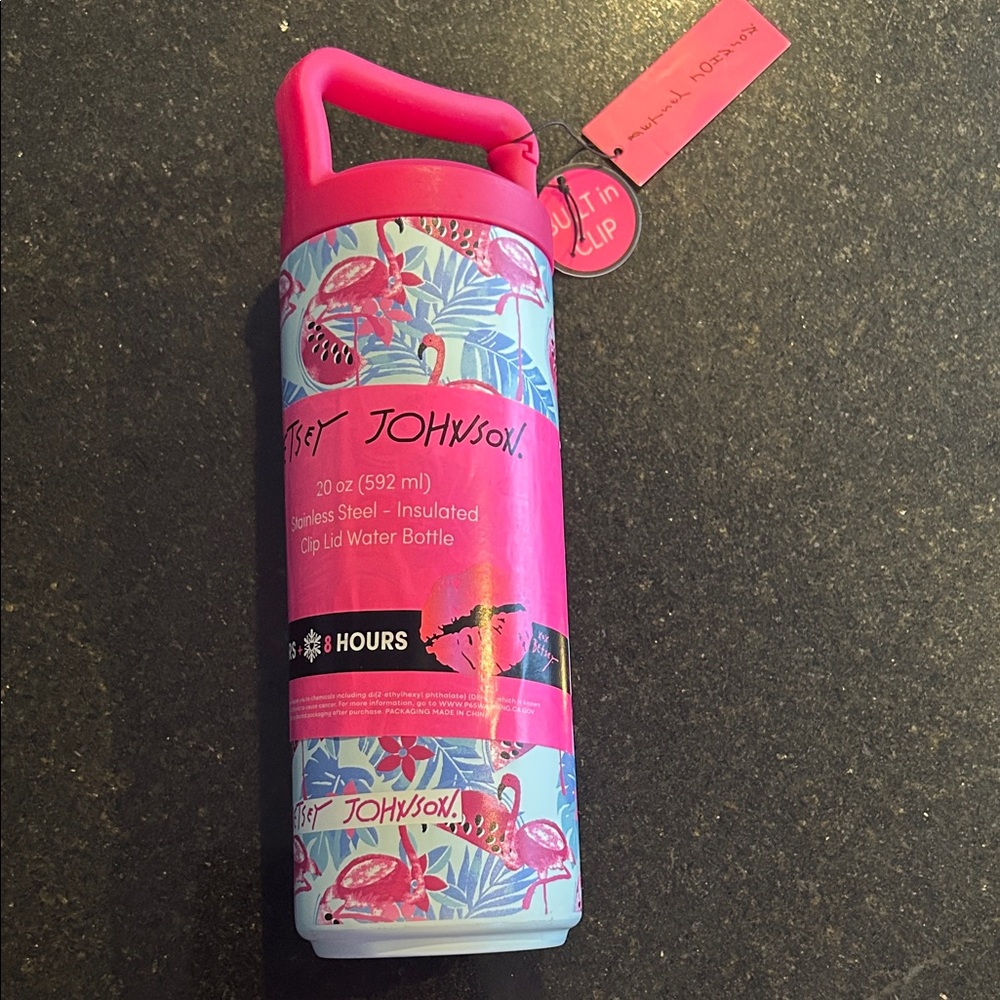 Betsey Johnson flamingo stainless steel SUS 304, insulated clip lid water bottle